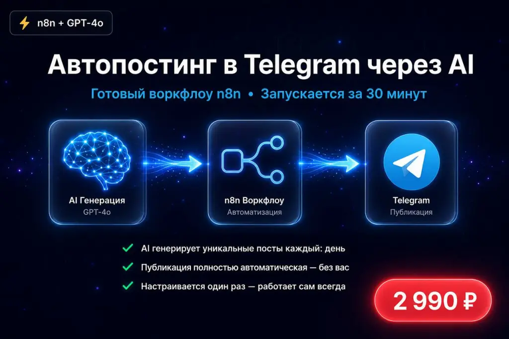 Автопостинг в Telegram через AI — готовый n8n воркфлоу